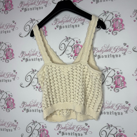 H&M tank top crochet knit seashell beach vibes boho cream white luxe stretchy - Picture 2 of 6